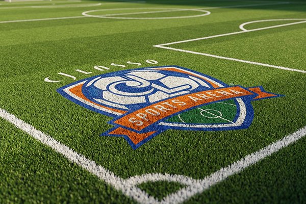 CJ Lasso Sports Arena logo on the indoor soccer field turf